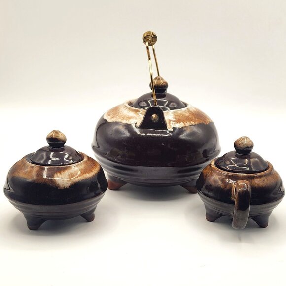 Vintage Redware Drip Glaze Teapot Creamer Sugar Set Wire Handle Ceramic Japan - Picture 4 of 11